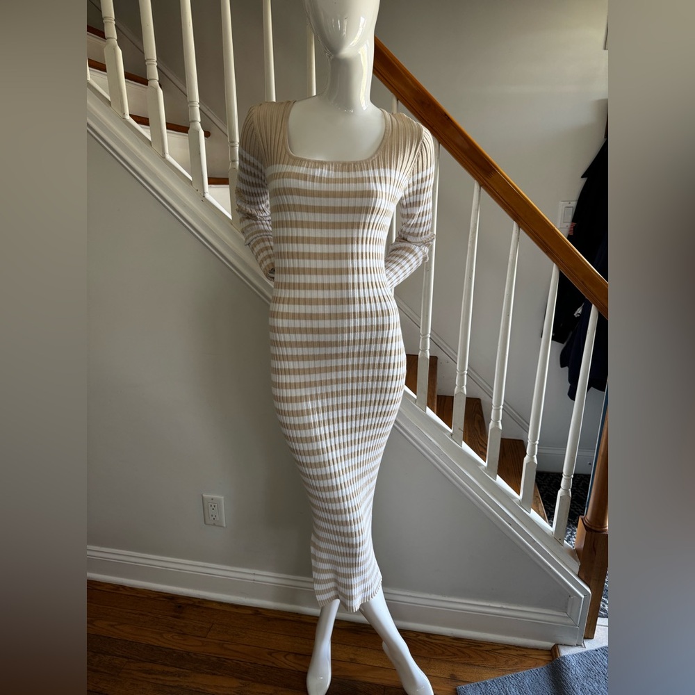 Merokeety Long Sleeve Striped Body Con Midi Dress TanStriped Size Large